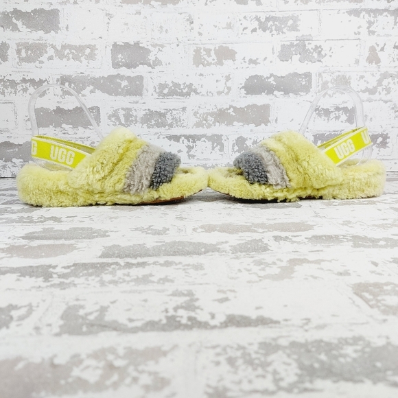 Ugg Fluff Yeah Striped Yellow Grey Wool Slingback Slippers V50 - Picture 7 of 12
